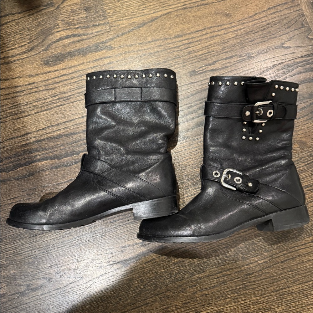 Stuart Weitzman Trotter Studded Moto Black Leather Boot Women 8.5